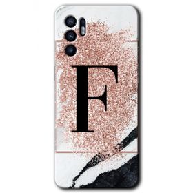 Oppo Reno 6 Pembe Mermer Desenli F Harfi Baskılı Uyumlu Silikon Kılıf
