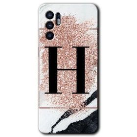 Oppo Reno 6 Pembe Mermer Desenli H Harfi Baskılı Uyumlu Silikon Kılıf