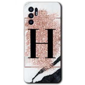 Oppo Reno 6 Pembe Mermer Desenli H Harfi Baskılı Uyumlu Silikon Kılıf