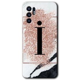 Oppo Reno 6 Pembe Mermer Desenli İ Harfi Baskılı Uyumlu Silikon Kılıf
