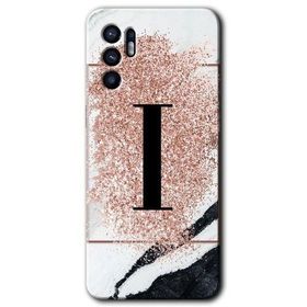 Oppo Reno 6 Pembe Mermer Desenli İ Harfi Baskılı Uyumlu Silikon Kılıf