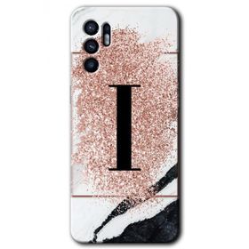 Oppo Reno 6 Pembe Mermer Desenli İ Harfi Baskılı Uyumlu Silikon Kılıf