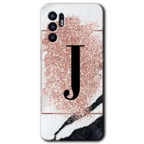 Oppo Reno 6 Pembe Mermer Desenli J Harfi Baskılı Uyumlu Silikon Kılıf