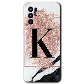 Oppo Reno 6 Pembe Mermer Desenli K Harfi Baskılı Uyumlu Silikon Kılıf