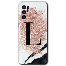 Oppo Reno 6 Pembe Mermer Desenli L Harfi Baskılı Uyumlu Silikon Kılıf