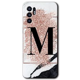 Oppo Reno 6 Pembe Mermer Desenli M Harfi Baskılı Uyumlu Silikon Kılıf