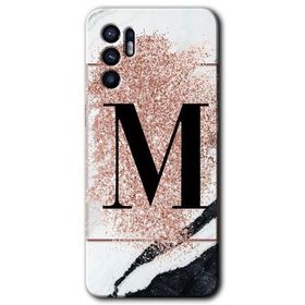 Oppo Reno 6 Pembe Mermer Desenli M Harfi Baskılı Uyumlu Silikon Kılıf