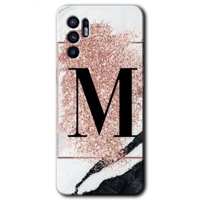 Oppo Reno 6 Pembe Mermer Desenli M Harfi Baskılı Uyumlu Silikon Kılıf