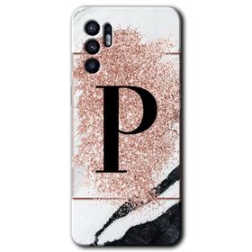 Oppo Reno 6 Pembe Mermer Desenli P Harfi Baskılı Uyumlu Silikon Kılıf