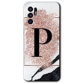 Oppo Reno 6 Pembe Mermer Desenli P Harfi Baskılı Uyumlu Silikon Kılıf
