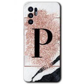 Oppo Reno 6 Pembe Mermer Desenli P Harfi Baskılı Uyumlu Silikon Kılıf