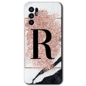 Oppo Reno 6 Pembe Mermer Desenli R Harfi Baskılı Uyumlu Silikon Kılıf