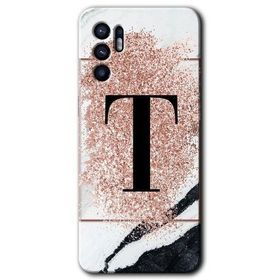 Oppo Reno 6 Pembe Mermer Desenli T Harfi Baskılı Uyumlu Silikon Kılıf