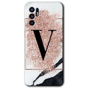 Oppo Reno 6 Pembe Mermer Desenli V Harfi Baskılı Uyumlu Silikon Kılıf