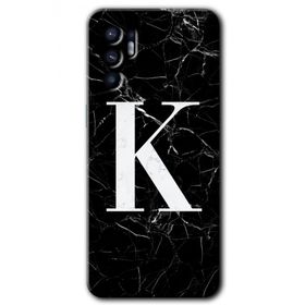 Oppo Reno 6 Siyah Mermer Desenli K Harfi Baskılı Uyumlu Silikon Kılıf