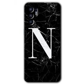 Oppo Reno 6 Siyah Mermer Desenli N Harfi Baskılı Uyumlu Silikon Kılıf