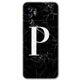 Oppo Reno 6 Siyah Mermer Desenli P Harfi Baskılı Uyumlu Silikon Kılıf