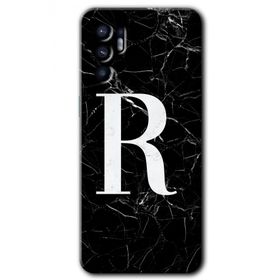 Oppo Reno 6 Siyah Mermer Desenli R Harfi Baskılı Uyumlu Silikon Kılıf