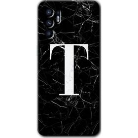 Oppo Reno 6 Siyah Mermer Desenli T Harfi Baskılı Uyumlu Silikon Kılıf