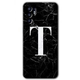 Oppo Reno 6 Siyah Mermer Desenli T Harfi Baskılı Uyumlu Silikon Kılıf