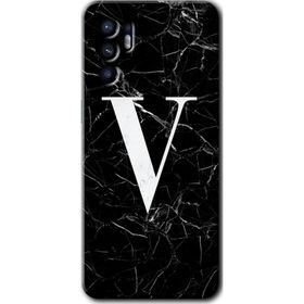 Oppo Reno 6 Siyah Mermer Desenli V Harfi Baskılı Uyumlu Silikon Kılıf
