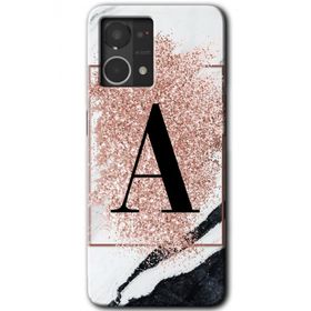 Oppo Reno 7 4G Pembe Mermer Desenli A Harfi Baskılı Uyumlu Silikon Kılıf