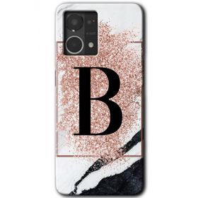 Oppo Reno 7 4G Pembe Mermer Desenli B Harfi Baskılı Uyumlu Silikon Kılıf