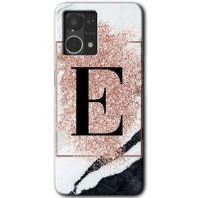 Oppo Reno 7 4G Pembe Mermer Desenli E Harfi Baskılı Uyumlu Silikon Kılıf