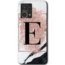 Oppo Reno 7 4G Pembe Mermer Desenli E Harfi Baskılı Uyumlu Silikon Kılıf
