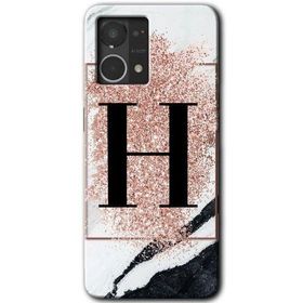 Oppo Reno 7 4G Pembe Mermer Desenli H Harfi Baskılı Uyumlu Silikon Kılıf