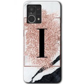 Oppo Reno 7 4G Pembe Mermer Desenli İ Harfi Baskılı Uyumlu Silikon Kılıf