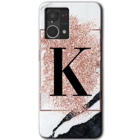 Oppo Reno 7 4G Pembe Mermer Desenli K Harfi Baskılı Uyumlu Silikon Kılıf
