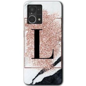 Oppo Reno 7 4G Pembe Mermer Desenli L Harfi Baskılı Uyumlu Silikon Kılıf