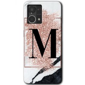 Oppo Reno 7 4G Pembe Mermer Desenli M Harfi Baskılı Uyumlu Silikon Kılıf