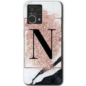 Oppo Reno 7 4G Pembe Mermer Desenli N Harfi Baskılı Uyumlu Silikon Kılıf