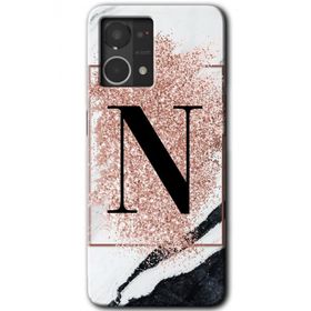 Oppo Reno 7 4G Pembe Mermer Desenli N Harfi Baskılı Uyumlu Silikon Kılıf