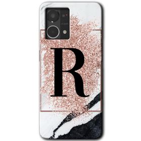 Oppo Reno 7 4G Pembe Mermer Desenli R Harfi Baskılı Uyumlu Silikon Kılıf