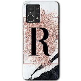 Oppo Reno 7 4G Pembe Mermer Desenli R Harfi Baskılı Uyumlu Silikon Kılıf