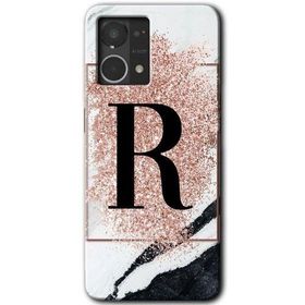 Oppo Reno 7 4G Pembe Mermer Desenli R Harfi Baskılı Uyumlu Silikon Kılıf