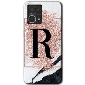 Oppo Reno 7 4G Pembe Mermer Desenli R Harfi Baskılı Uyumlu Silikon Kılıf