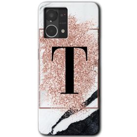 Oppo Reno 7 4G Pembe Mermer Desenli T Harfi Baskılı Uyumlu Silikon Kılıf