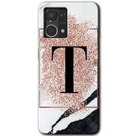 Oppo Reno 7 4G Pembe Mermer Desenli T Harfi Baskılı Uyumlu Silikon Kılıf