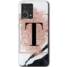 Oppo Reno 7 4G Pembe Mermer Desenli T Harfi Baskılı Uyumlu Silikon Kılıf