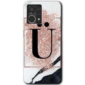 Oppo Reno 7 4G Pembe Mermer Desenli Ü Harfi Baskılı Uyumlu Silikon Kılıf