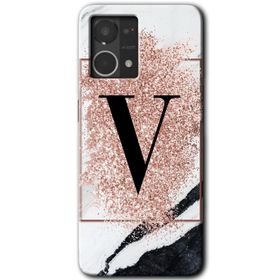 Oppo Reno 7 4G Pembe Mermer Desenli V Harfi Baskılı Uyumlu Silikon Kılıf