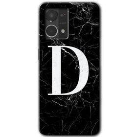 Oppo Reno 7 4G Siyah Mermer Desenli D Harfi Baskılı Uyumlu Silikon Kılıf