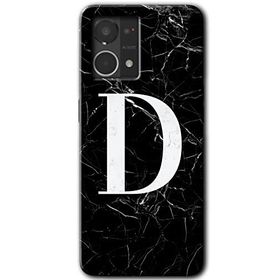 Oppo Reno 7 4G Siyah Mermer Desenli D Harfi Baskılı Uyumlu Silikon Kılıf