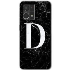 Oppo Reno 7 4G Siyah Mermer Desenli D Harfi Baskılı Uyumlu Silikon Kılıf