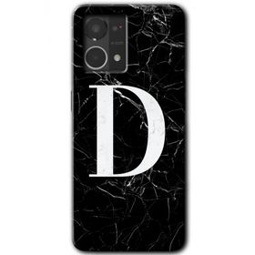 Oppo Reno 7 4G Siyah Mermer Desenli D Harfi Baskılı Uyumlu Silikon Kılıf