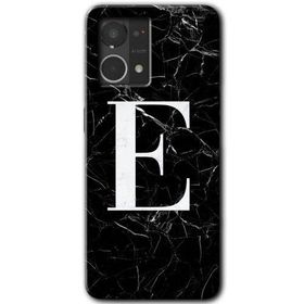 Oppo Reno 7 4G Siyah Mermer Desenli E Harfi Baskılı Uyumlu Silikon Kılıf
